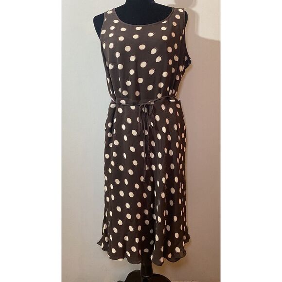 Vintage Talbot Dress Women 12 Brown Cream Polka Dots Pure Silk Midi Scallop Edge - Picture 1 of 12